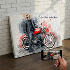 Custom motorcycle portrait on premium canvas — personalised watercolour wall art of a classic red bike with motivational quote, made from your photo.