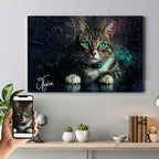 Custom tabby cat watercolour portrait on premium canvas — personalised cat wall art titled 'Olivia' with striking green eyes, made from your photo.
