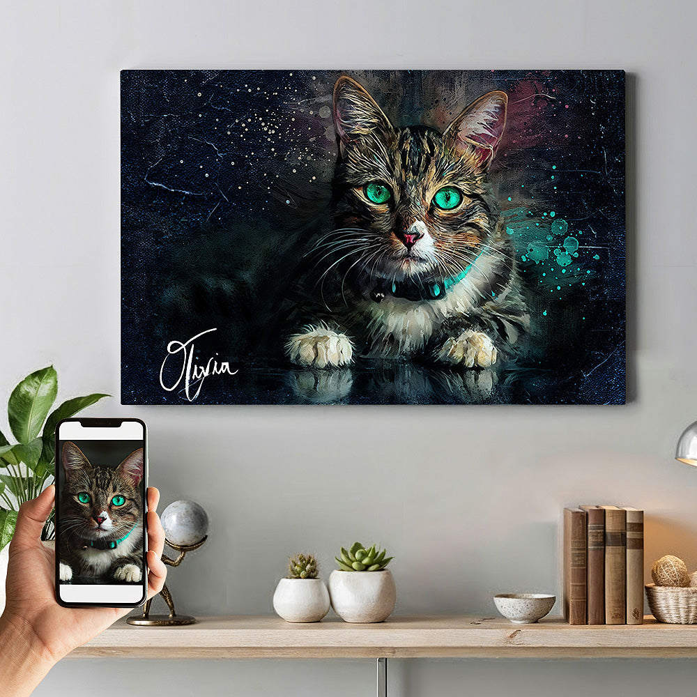 Custom tabby cat watercolour portrait on premium canvas — personalised cat wall art titled 'Olivia' with striking green eyes, made from your photo.