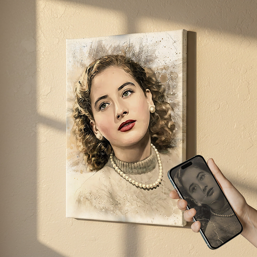 Custom vintage photo restoration watercolor portrait by Ausome Love Studio, featuring a woman with curled hair and a pearl necklace on a canvas print, displayed next to the original cracked black-and-white photo on a smartphone.