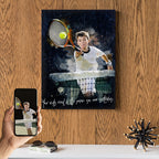 Custom young boy tennis player watercolour portrait — personalised sports wall art canvas with motivational quote on a vibrant blue background.