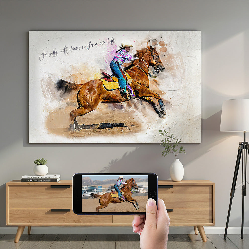 Custom barrel racing watercolour portrait — personalised equestrian sports wall art canvas displayed in a modern living room with smartphone reference photo.