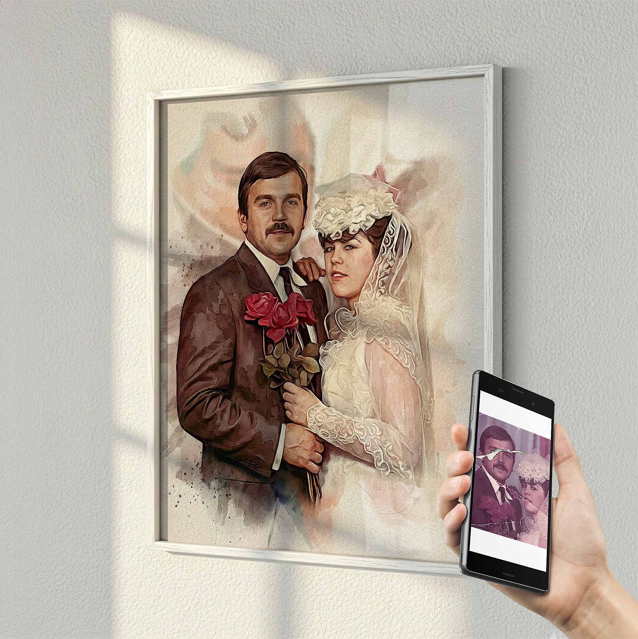 Custom wedding portrait watercolor wall art by Ausome Love Studio, featuring a colorized restoration of a vintage bride and groom photo printed on a large framed canvas, with the original damaged photo shown on a smartphone.