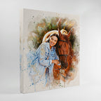 Custom woman and horse watercolor portrait wall art print with vibrant paint splatters on canvas, personalized equestrian gift by Ausome Love Studio.