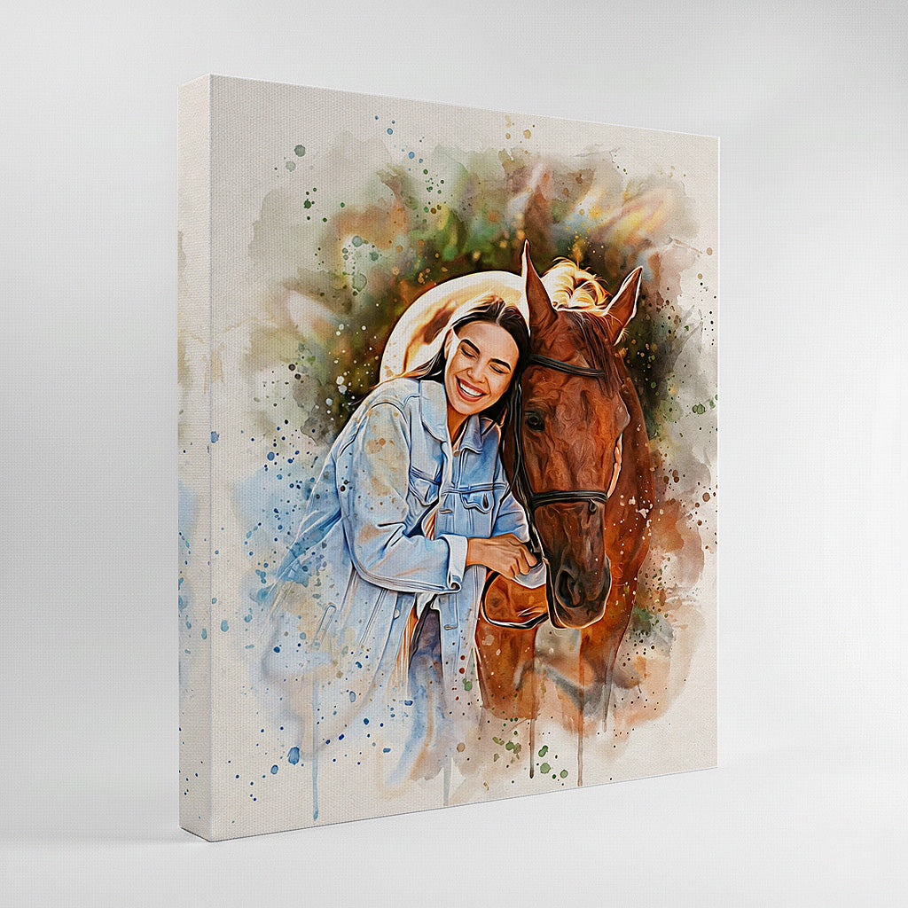 Custom woman and horse watercolor portrait wall art print with vibrant paint splatters on canvas, personalized equestrian gift by Ausome Love Studio.