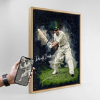 Custom watercolor sports wall art by Ausome Love Studio, featuring a stylized illustration of Donald Bradman in a framed canvas, showing the transformation from a black and white phone photo to a vibrant art piece.