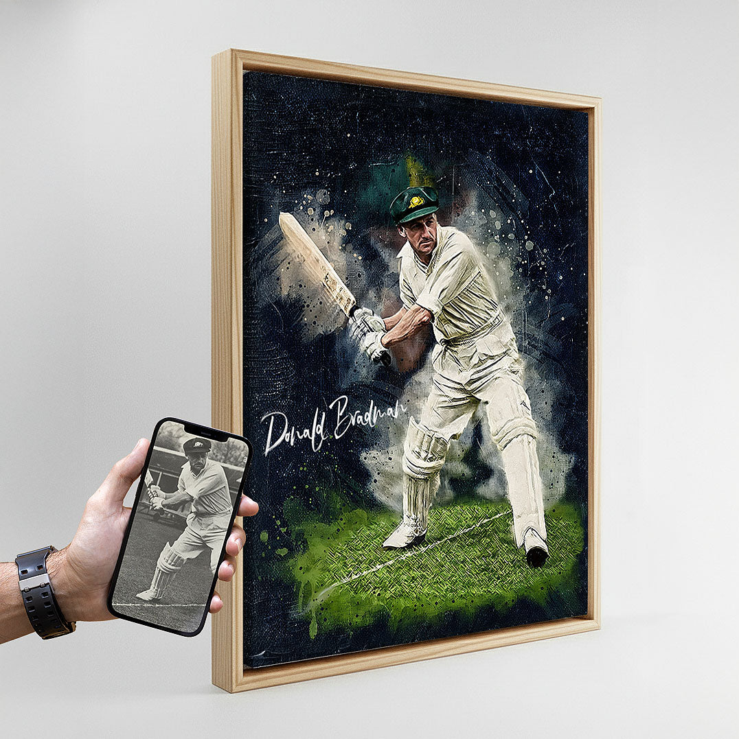 Custom watercolor sports wall art by Ausome Love Studio, featuring a stylized illustration of Donald Bradman in a framed canvas, showing the transformation from a black and white phone photo to a vibrant art piece.