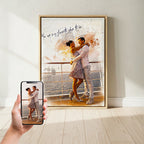 Elegant watercolor portrait of a couple embracing on a cruise ship deck with a sunset glow, featuring the quote 'You are my favorite place to be' by Ausome Love Studio.