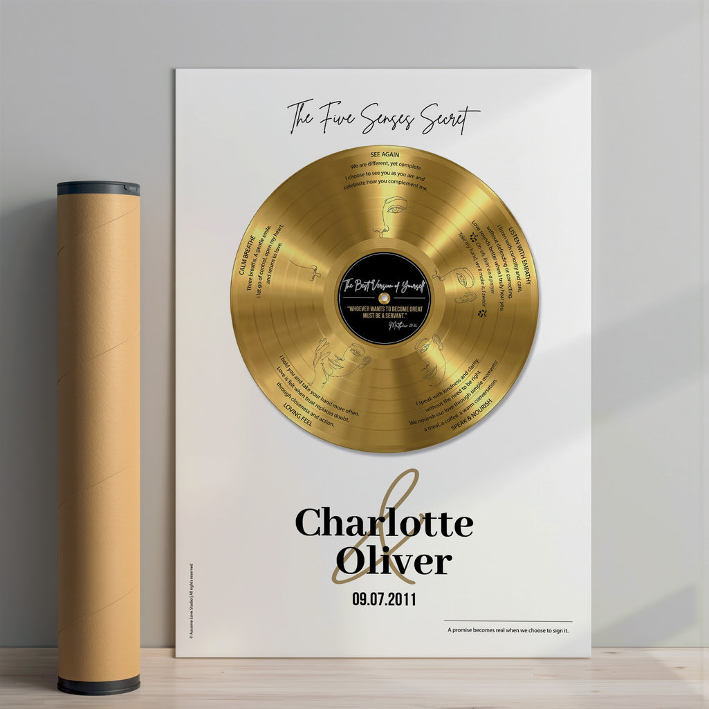 Personalized anniversary gift — Five Senses gold vinyl record fine art print with custom names and date on museum-quality paper.
