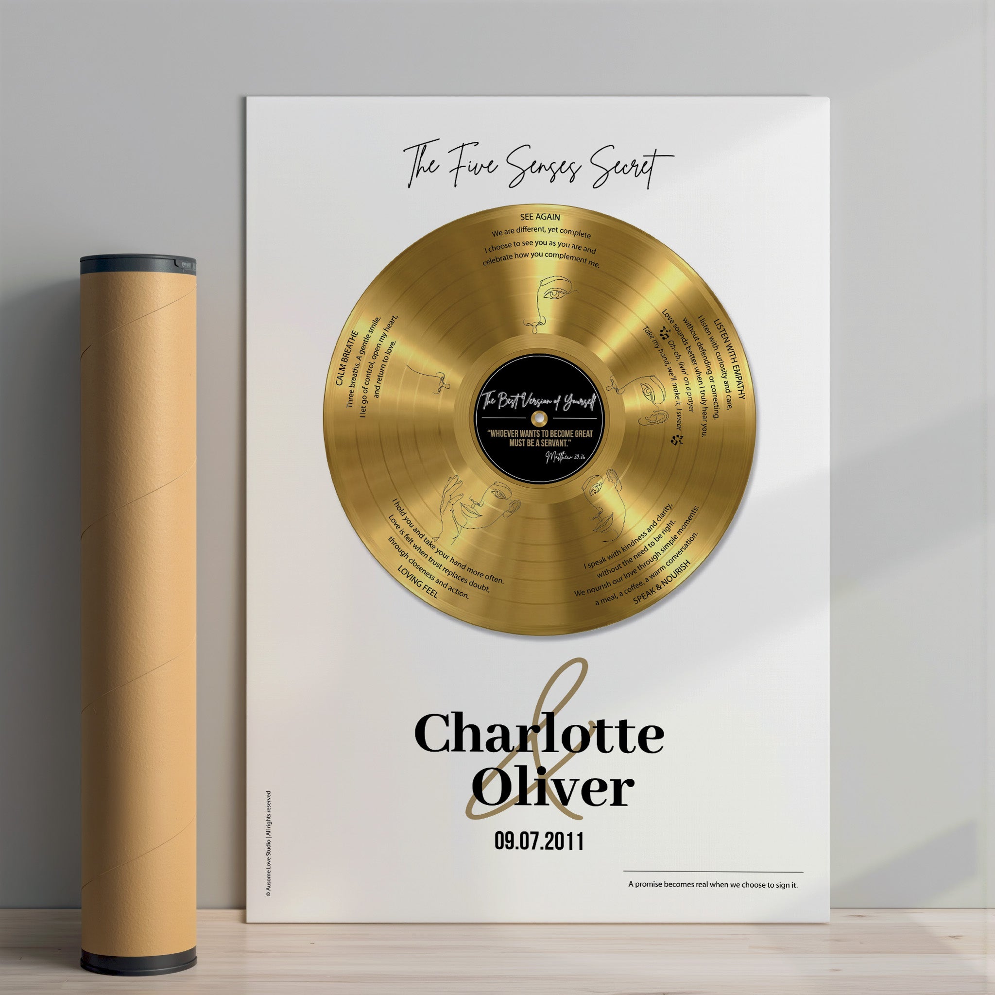 Personalized anniversary gift — Five Senses gold vinyl record fine art print with custom names and date on museum-quality paper.