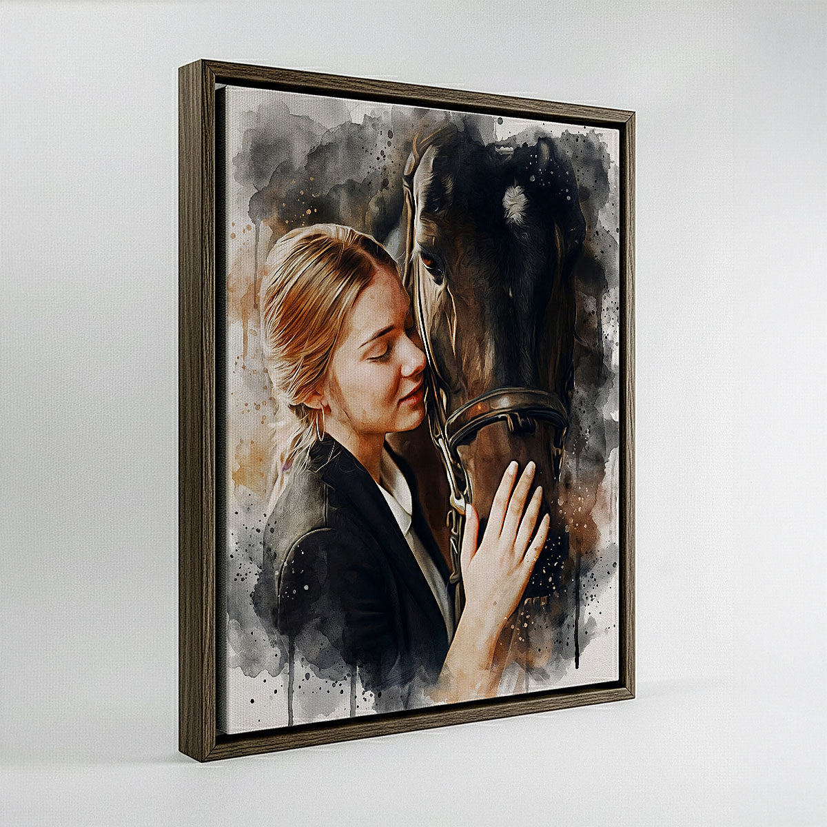 Framed personalized horse and rider watercolor painting on canvas, custom memorial equestrian wall decor by Ausome Love Studio.
