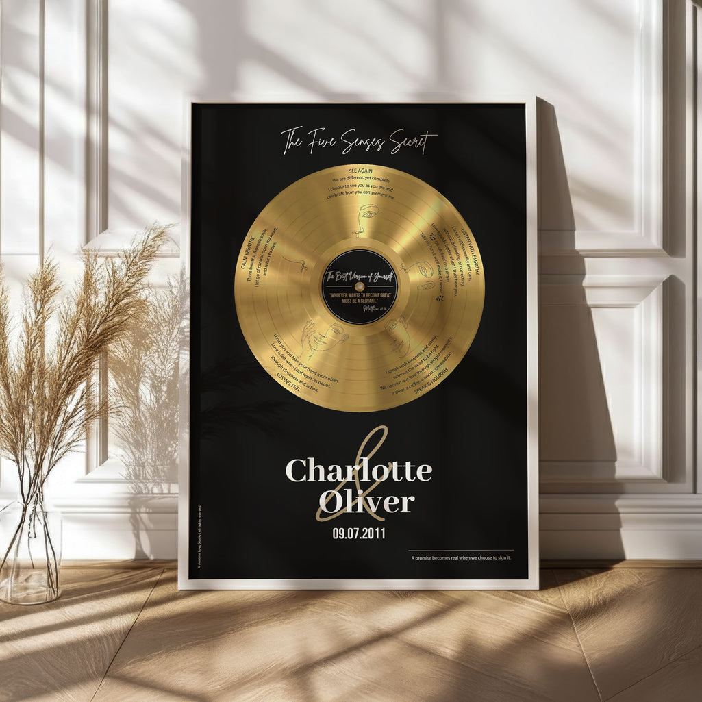 Personalized couples wall art — Five Senses gold vinyl record framed in white wood with custom names and date.