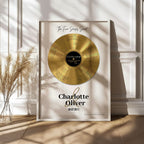 Personalized wedding gift — Five Senses gold vinyl record on white background, framed in white wood with custom marriage vows.