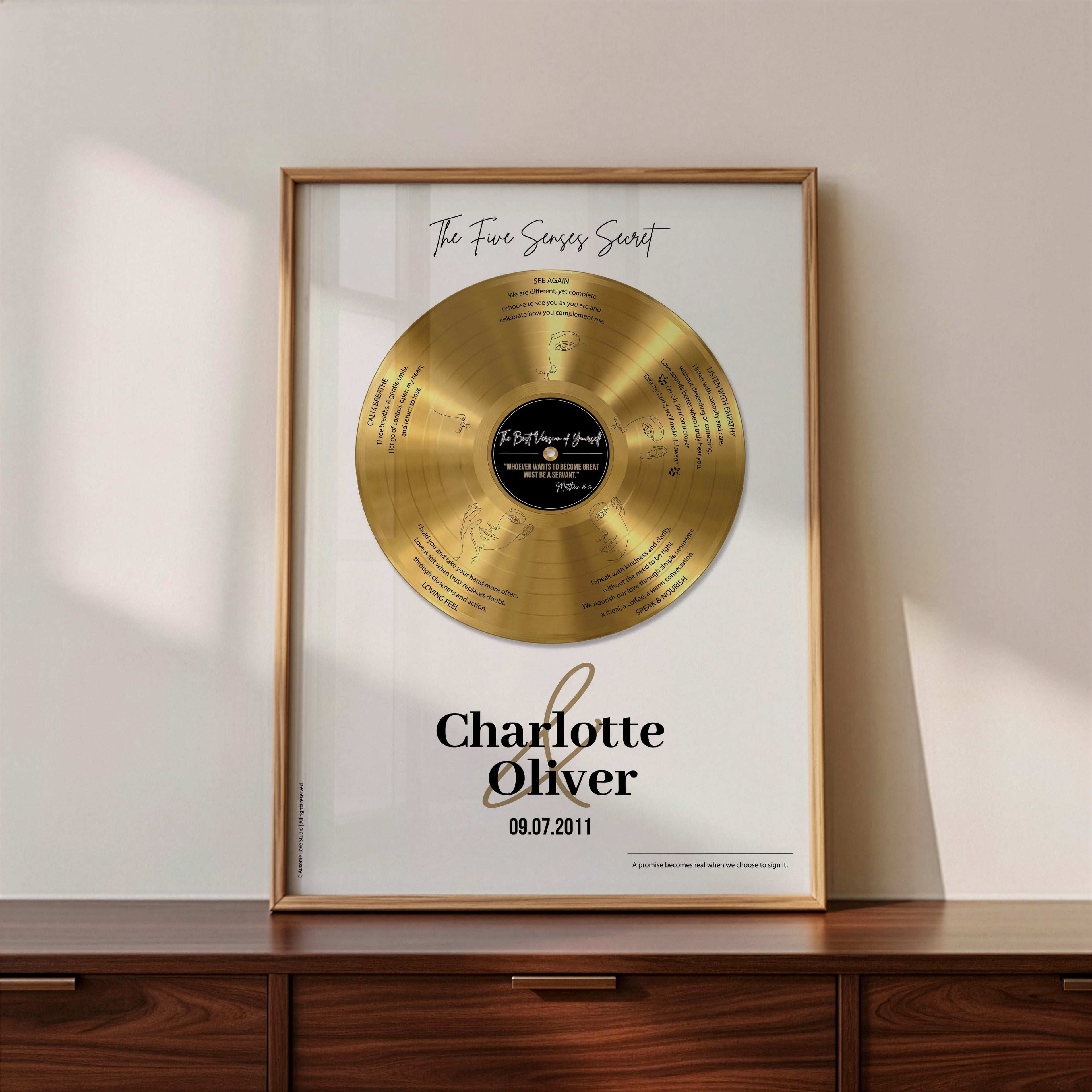Personalized anniversary gift — Five Senses gold vinyl record framed wall art in natural wood with custom names.