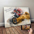 Custom dirt bike racing watercolour canvas — personalised high-energy motocross wall art with motivational quote, made from your action photo.
