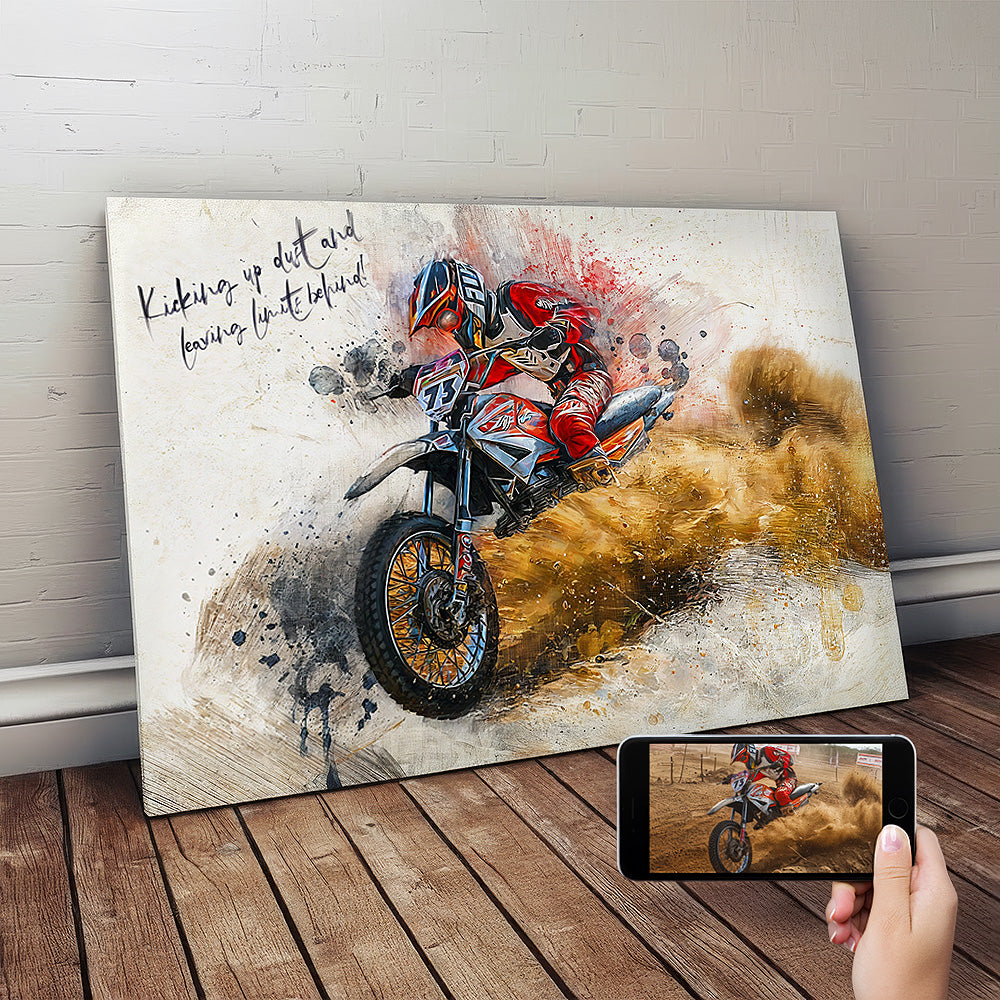 Custom dirt bike racing watercolour canvas — personalised high-energy motocross wall art with motivational quote, made from your action photo.