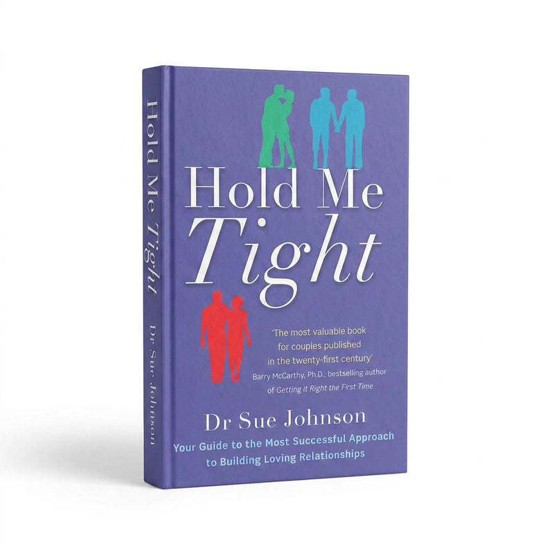 The book 'Hold Me Tight' by Dr. Sue Johnson, featuring a purple cover with white text and colorful silhouettes of couples, shown on a clean white background.