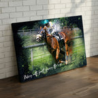 Custom horse racing jockey watercolour portrait — personalised equestrian sports wall art canvas with motivational quote, leaning against a white brick wall.