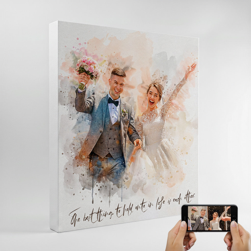 Joyful wedding photo-to-watercolor conversion by Ausome Love Studio, featuring a bride and groom celebration with soft pastel splashes and a personalized love quote on a gallery-wrapped canvas.