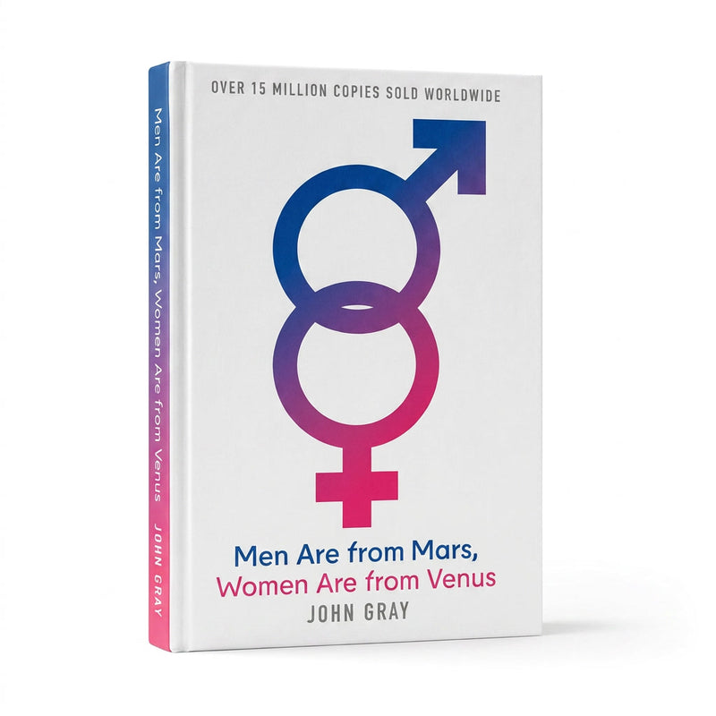 Book cover of 'Men Are from Mars, Women Are from Venus' by John Gray, featuring a white front with a large gender symbol in blue, purple, and pink, and a pink spine.