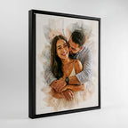 Modern couple's watercolor illustration housed in a premium black floating frame, demonstrating the museum-quality finishing available at Ausome Love Studio.