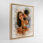 Modern couple's watercolor illustration housed in a premium wood floating frame, demonstrating the museum-quality finishing available at Ausome Love Studio.
