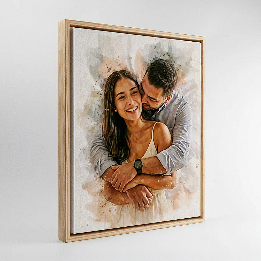 Modern couple's watercolor illustration housed in a premium wood floating frame, demonstrating the museum-quality finishing available at Ausome Love Studio.