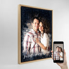 Modern couple's watercolor illustration housed in a premium wood floating frame, demonstrating the museum-quality finishing available at Ausome Love Studio.
