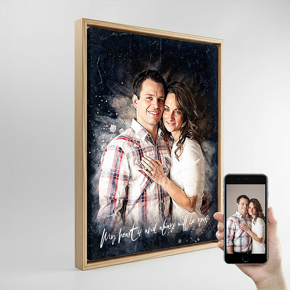 Modern couple's watercolor illustration housed in a premium wood floating frame, demonstrating the museum-quality finishing available at Ausome Love Studio.