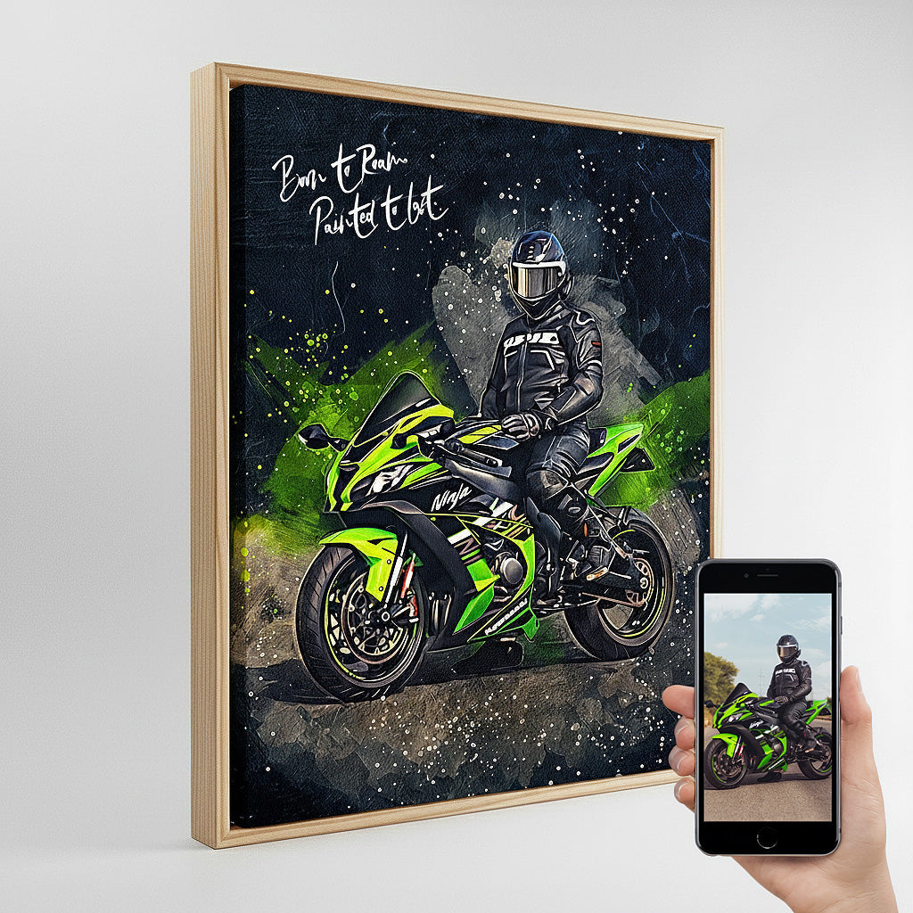 Custom Ninja motorcycle watercolour canvas portrait in natural wood frame — personalised biker wall art shown next to original reference photo on smartphone.