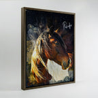 Custom watercolour horse portrait printed on canvas in a dark wood floating frame, personalised equestrian wall art by Ausome Love Studio.