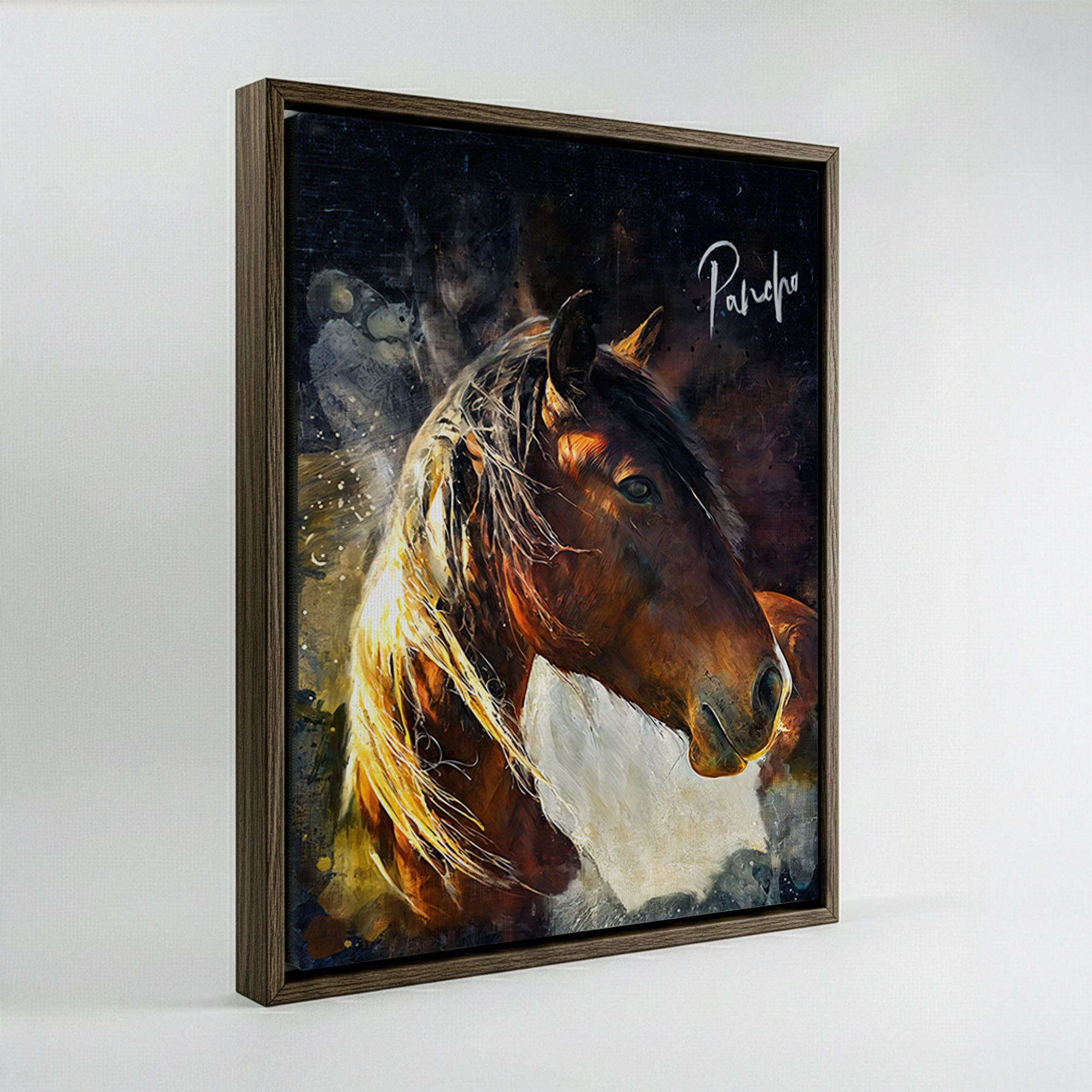 Custom watercolour horse portrait printed on canvas in a dark wood floating frame, personalised equestrian wall art by Ausome Love Studio.