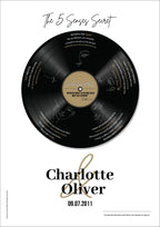 Personalised vinyl record poster artwork with five love modules, couple names and anniversary date on white background