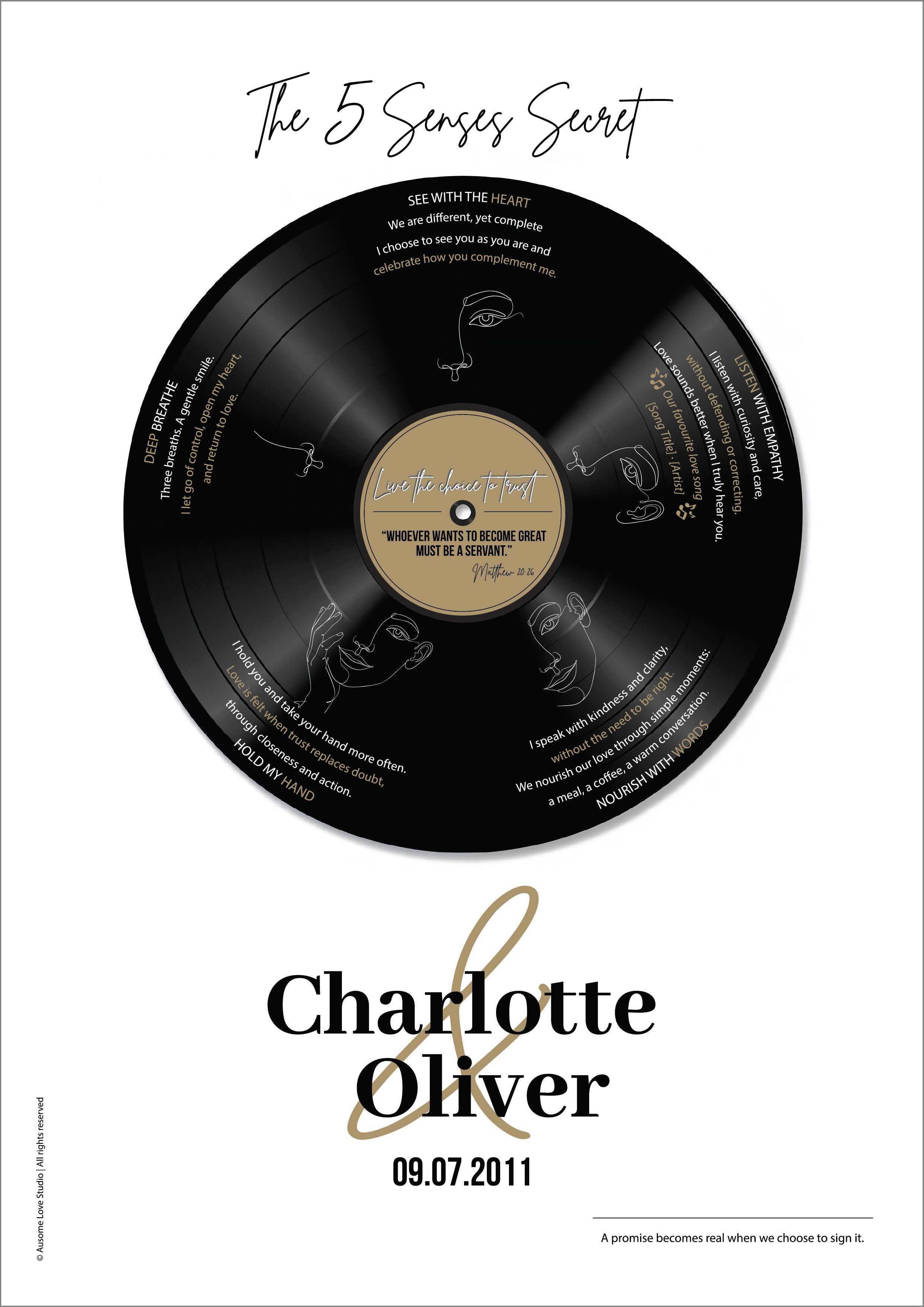 Personalised vinyl record poster artwork with five love modules, couple names and anniversary date on white background
