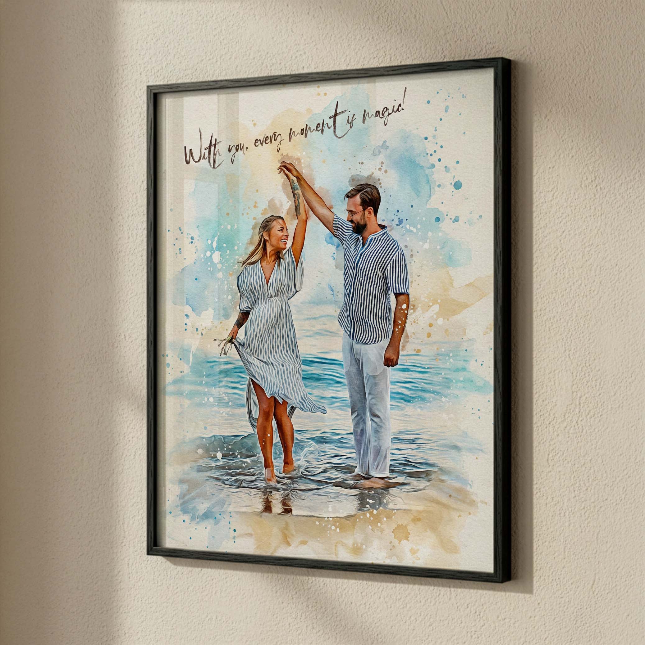Personalized anniversary gift wall art from Ausome Love Studio with a watercolor effect and the quote "With you, every moment is magic."