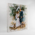 Personalized wedding portrait with dogs by Ausome Love Studio featuring a watercolor effect printed on wall art canvas, showing a bride and groom with their French Bulldogs in a forest setting.