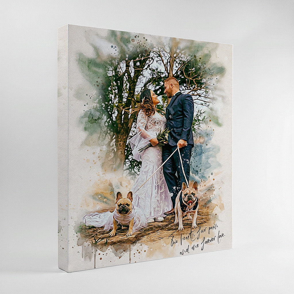 Personalized wedding portrait with dogs by Ausome Love Studio featuring a watercolor effect printed on wall art canvas, showing a bride and groom with their French Bulldogs in a forest setting.