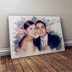 Personalized wedding watercolor canvas by Ausome Love Studio, featuring a bride and groom celebrating with soft paint splashes and a romantic quote.