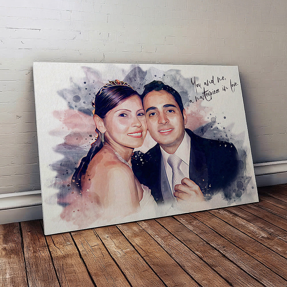 Personalized wedding watercolor canvas by Ausome Love Studio, featuring a bride and groom celebrating with soft paint splashes and a romantic quote.