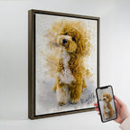 Custom Toy Poodle watercolour portrait on premium canvas in dark wood frame — personalised dog wall art titled 'Waffle', made from your pet's photo.