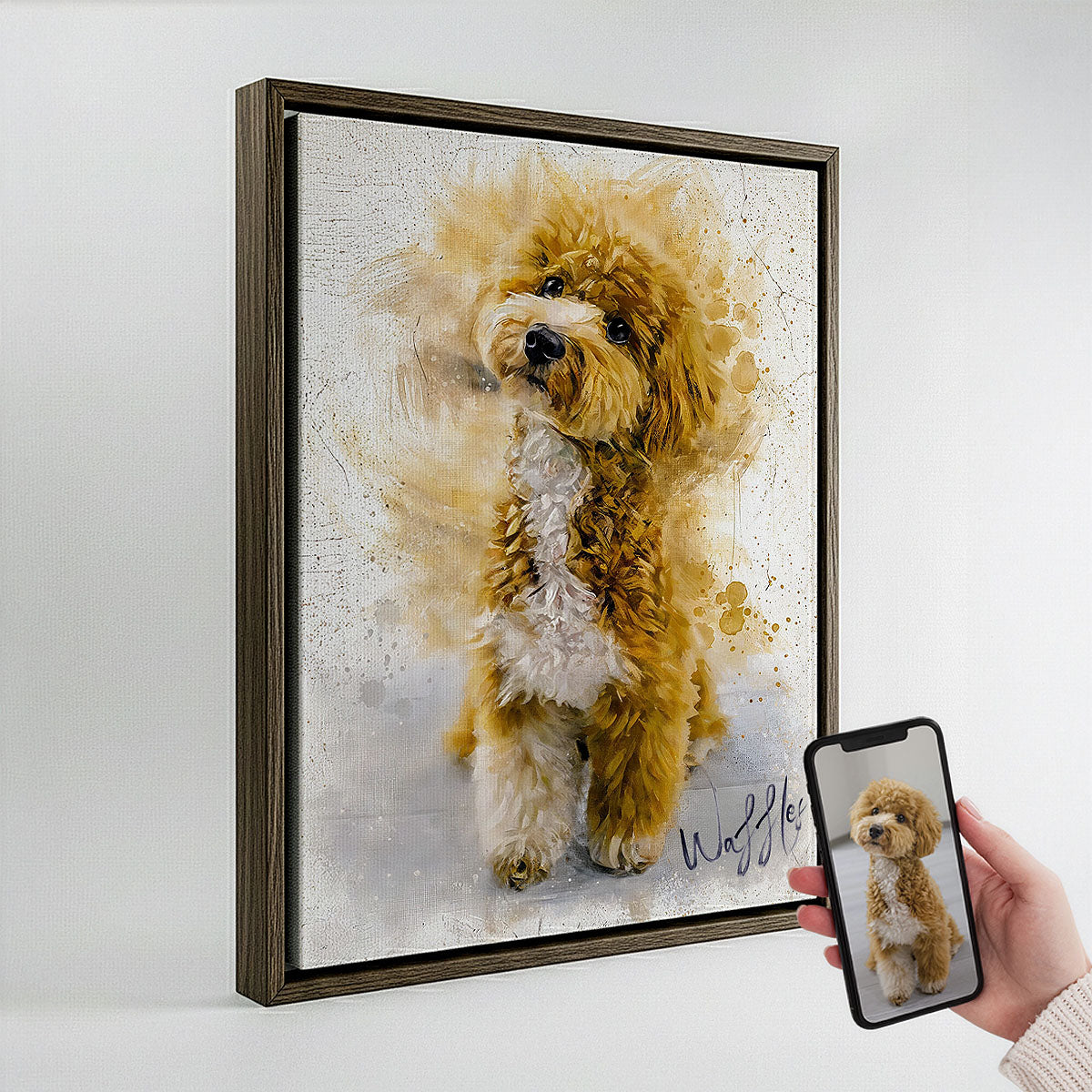 Custom Toy Poodle watercolour portrait on premium canvas in dark wood frame — personalised dog wall art titled 'Waffle', made from your pet's photo.