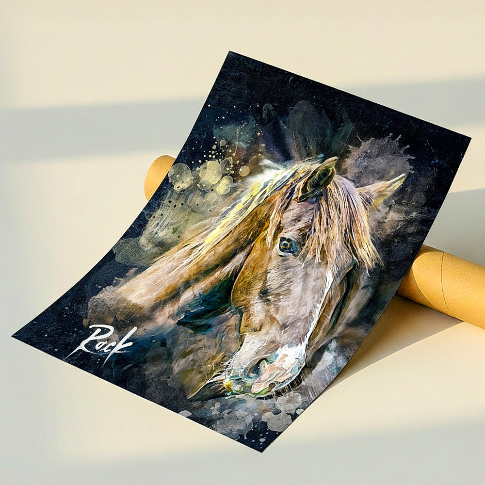 Custom horse watercolor art print titled "Rock" with vibrant paint splashes, personalized unframed equestrian wall decor by Ausome Love Studio.