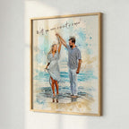 Romantic beach-themed watercolor illustration of a couple dancing by the shore, customized by Ausome Love Studio with an elegant natural wood frame.