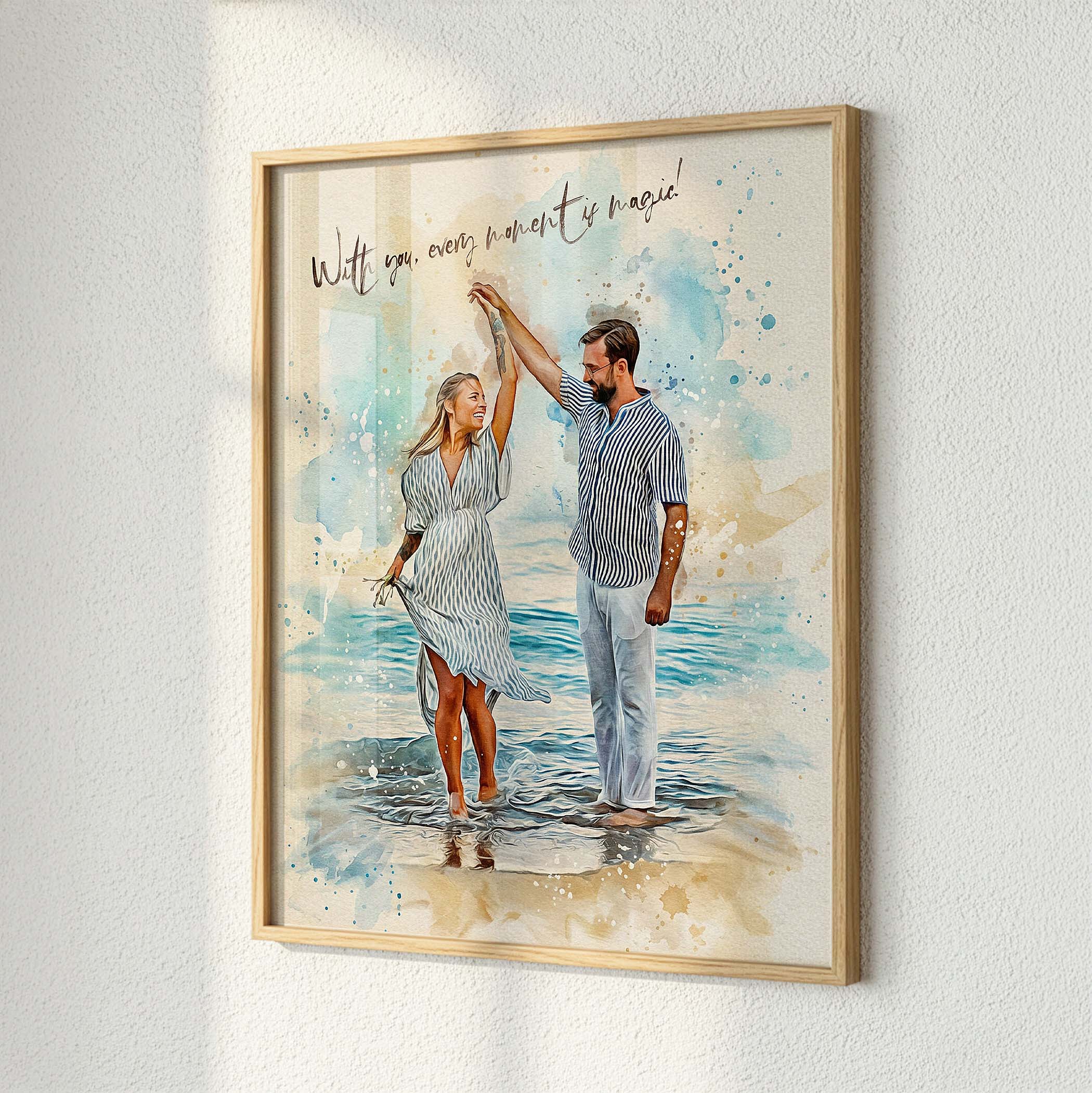 Romantic beach-themed watercolor illustration of a couple dancing by the shore, customized by Ausome Love Studio with an elegant natural wood frame.