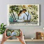Romantic watercolor wedding portrait of a couple sitting on a dock under a lush canopy, featuring the white script 'Hug me forever' by Ausome Love Studio.