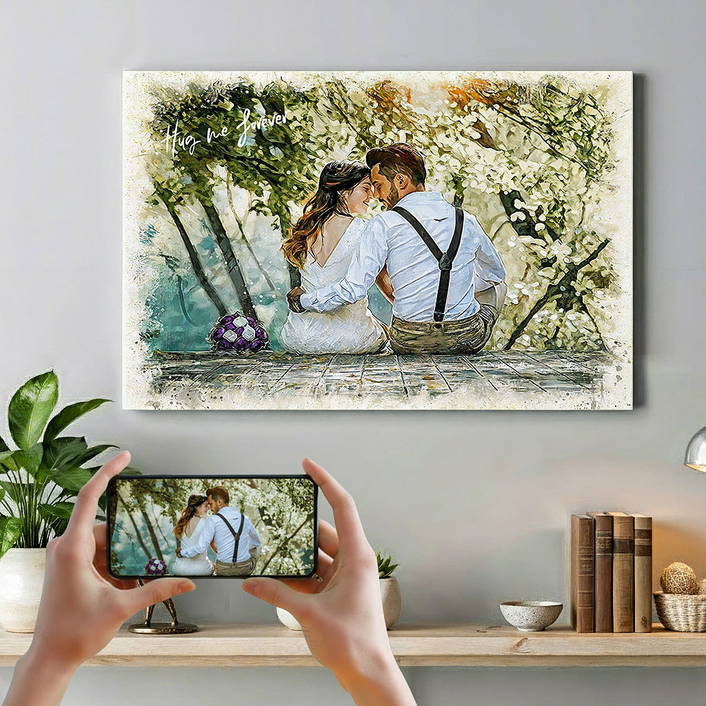 Romantic watercolor wedding portrait of a couple sitting on a dock under a lush canopy, featuring the white script 'Hug me forever' by Ausome Love Studio.
