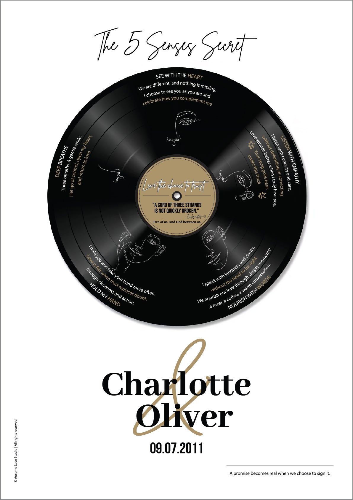Flat design view of The 5 Senses Secret personalised print: a black vinyl record on white, with five love promises (See with the Heart, Listen with Empathy, Nourish with Words, Hold My Hand, Deep Breathe) and line-art faces, a centre label reading "A cord of three strands is not quickly broken", and the names Charlotte & Oliver with the date 09.07.2011.