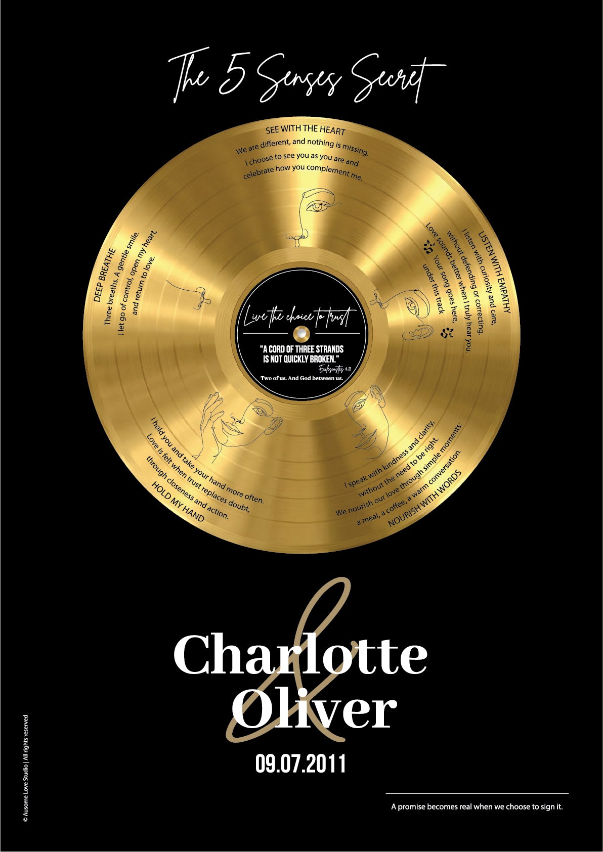 Flat design view of The 5 Senses Secret personalised print: a gold vinyl record on black, with five love promises (See with the Heart, Listen with Empathy, Nourish with Words, Hold My Hand, Deep Breathe) and line-art faces, a centre label reading "A cord of three strands is not quickly broken", and the names Charlotte & Oliver with the date 09.07.2011.