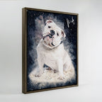 Custom Bulldog watercolour pet portrait on premium canvas in dark wood frame — personalised dog wall art ready to hang, made from your photo.