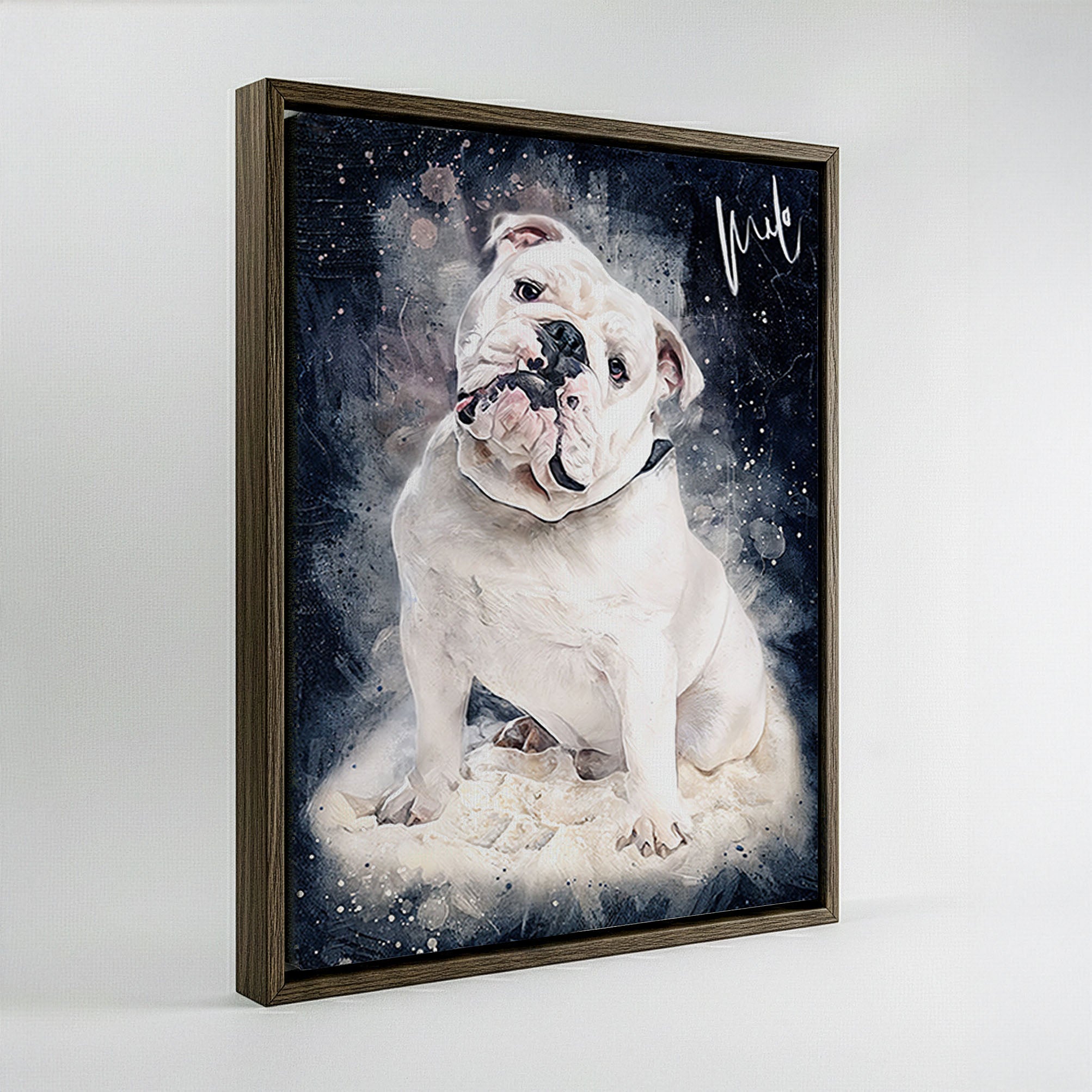 Custom Bulldog watercolour pet portrait on premium canvas in dark wood frame — personalised dog wall art ready to hang, made from your photo.